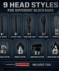 Image showing 9 head styles for Heavy Duty 10 Pack Drain Snake Heads Rock Solid Spring Auger Tips for different blockages.