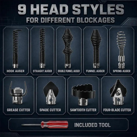 Heavy Duty Drain Cleaner Head Set For 75 Foot Three Eighths Inch Drain Auger showing 9 head styles for various blockages.