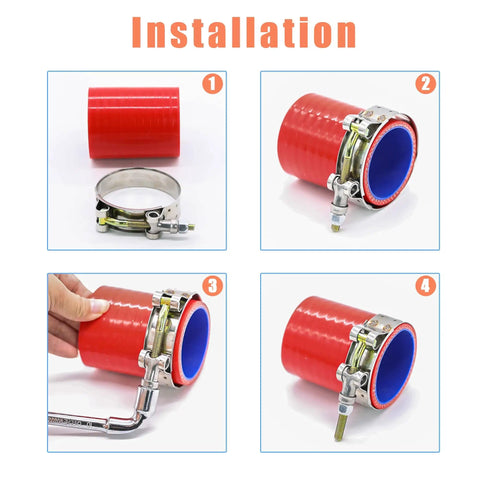 Installation guide for Beefy 14 Piece T Bolt Hose Clamp Set In 304 Stainless Steel For 1 To 3 Inch Hoses with red hose.