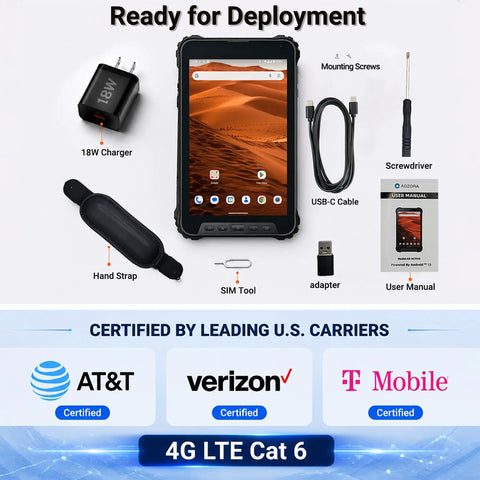 Hella Tough Eight Inch Rugged Android Tablet With 4G LTE Dual Sim Cellular, IP69K Waterproof Night Vision Lens, Rock Solid Field Ready Powerhouse For Construction Crews And Outdoor Tech Hustle with charger, USB-C cable, and accessories.