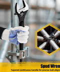 Person using 4 Piece Adjustable Spud Wrench Set With Gloves For Heavy Duty Worksite Use, 16 Inch on scaffolding pipe, spud wrench focus.