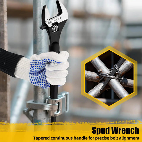 Person using 4 Piece Adjustable Spud Wrench Set With Gloves For Heavy Duty Worksite Use, 16 Inch on scaffolding pipe, spud wrench focus.