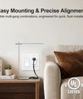 Decora Light Switch Single Pole Rocker Combo With 3 Gang Plate UL And CUL Certified For Safety Complete Installation Kit With Screws 6.38 Inch By 4.5 Inch Wall Plate Fits Standard Electrical Boxes Easy Install. White rocker switch plate installed in living room wall.