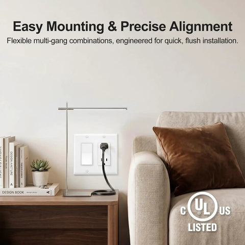Decora Light Switch Single Pole Rocker Combo With 3 Gang Plate UL And CUL Certified For Safety Complete Installation Kit With Screws 6.38 Inch By 4.5 Inch Wall Plate Fits Standard Electrical Boxes Easy Install. White rocker switch plate installed in living room wall.