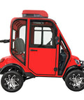 Side view of Rugged Electric Golf Cart Featuring True HVAC Heating And Climate Control 48V Ac Motor Smooth Handling Chassis glossy red.