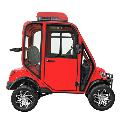 Side view of Rugged Electric Golf Cart Featuring True HVAC Heating And Climate Control 48V Ac Motor Smooth Handling Chassis glossy red.
