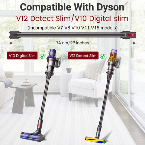 Premium Aluminum Quick Release Extension Wand For Dyson V12 Detect Slim And V10 Digital Slim Cordless Vacuums Replacement Extension Tube No Fuss Easy Snap Fit Long Lasting Gray Finish shown with compatible vacuum models.