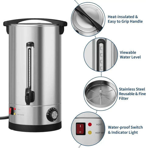 Massive 110 Cup Commercial Coffee Urn With Double Wall Insulation 16 Liter 4.2 Gallon Stainless Steel Beverage Dispenser front view