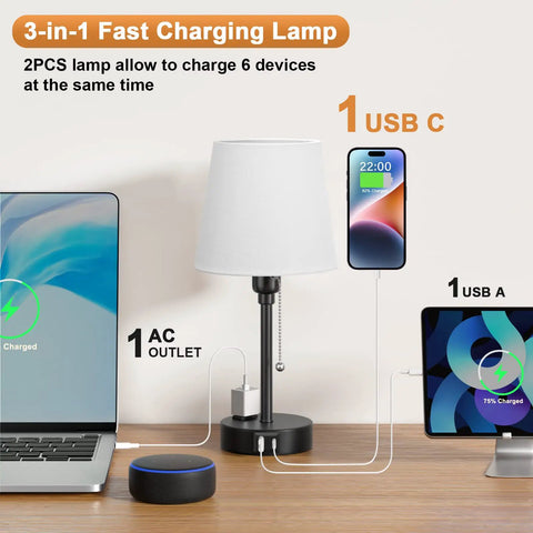 Set Of 2 Cozy Bedside Lamps For Bedrooms With 3 Color Temperatures From 2700K To 5000K USB C And USB A Charging Port And AC Outlet