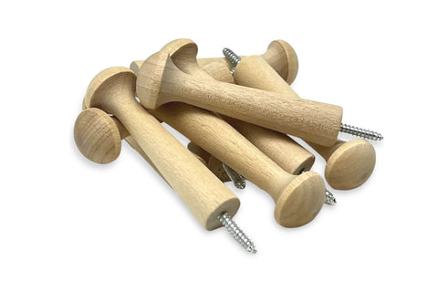 Screw On Shaker Pegs Birch Hardwood Two Seven Eighths Inch Wood Length With Three Quarter Inch Hanger Bolt Ten Pack Sanded Smooth Tight Grain Birch Stain Ready No Fuss Easy Install For Cabinets And Shelves.