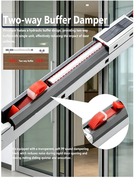 6.4ft Sliding Door Hardware Set With Hydraulic Soft Close System showcasing two-way buffer damper in silver