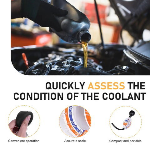 Heavy Duty Automotive Antifreeze Tester pouring coolant into a vehicle, showcasing quick snap coolant gauge and fluid density meter.