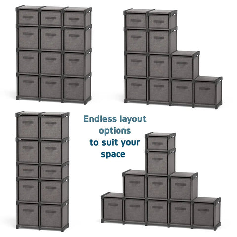 Six Cube Storage Organizer With Fabric Bins, durable grey cube shelves in various layouts, DIY modular organizer