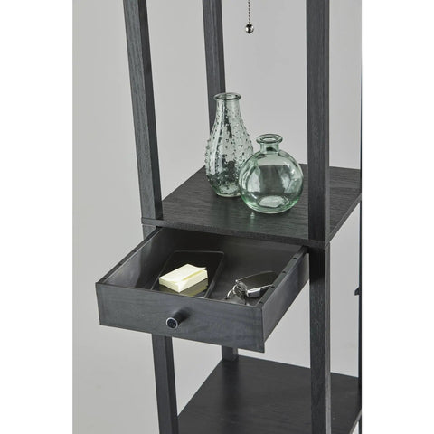 Dope Jumbo Shelf Light With USB Port And Drawer In Black MDF Frame, Off White Fabric Shade, 3 Storage Shelves And Hidden Drawer, On Off Pull Chain, Perfect Desk Or Nightstand Lamp With Built In USB Power And Storage