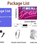 "It Was All a Dream Neon Sign For Bedroom LED Wall Decor Light With Dimmer Handmade For A Cozy Mood Vibe Ideal Night Light Party Decor Accent Wall Art At Home" package list with components shown.