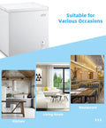 Compact 7.0 Cubic Foot Chest Freezer With Top Lid And White Finish Manual Defrost shown in kitchen, living room, and restaurant settings.