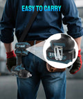 Badass Cordless Impact Wrench Featuring A Brushless Motor That Cranks Out Knockout Torque With Tough As Nails Build Quality Built Like A Tank For Rugged Jobsites And Makita 18V Battery Compatibility, carried on a tool belt.