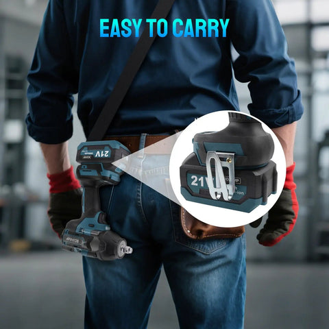Badass Cordless Impact Wrench Featuring A Brushless Motor That Cranks Out Knockout Torque With Tough As Nails Build Quality Built Like A Tank For Rugged Jobsites And Makita 18V Battery Compatibility, carried on a tool belt.