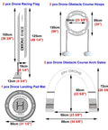 DIY Racing Drone Obstacle Kit contents with racing flag, obstacle hoops, arch gates, and landing pad mat, including dimensions.