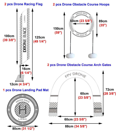 DIY Racing Drone Obstacle Kit contents with racing flag, obstacle hoops, arch gates, and landing pad mat, including dimensions.