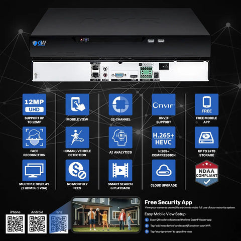 32 Channel 12MP NVR Security Camera System With 24 Weatherproof 5MP PoE Dome Cameras Delivering Bold Color Night Vision Smart Face Tracking And No Sweat Setup rear view displaying ports and features.