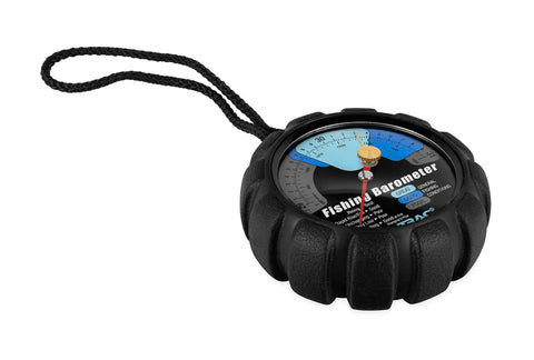 Fishing Barometer With Adjustable Pressure Change Indicator Reference Marker And Color Coded Dial For Easy Local Barometric Pressure Calibration To Boost Your Catch And Real Time Readouts For Prime Fishing. Black plastic hand-held barometer with strap.