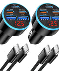 90W USB C Car Charger With 5 Fast Charge Ports And Digital Voltmeter Display showing dual ports and charging cables.