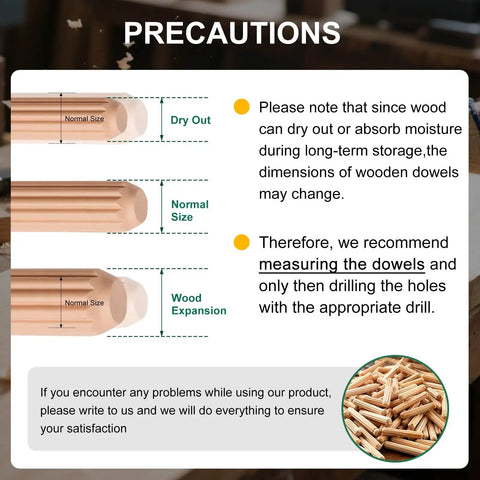 Diagram showing 120-Piece Wood Dowels Kit 3/8 x 1-1/2 Inch Fluted with moisture effect on size and usage precautions.