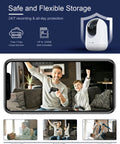2K Indoor Security Camera With Pet And Baby Monitor All Day All Night Home Surveillance Pan Tilt 2 Way Talk Motion Tracking Human Detection Cloud Storage Dual Band WiFi 5GHz And TwoPointFourGHz Phone App Control featuring real-time monitoring on smartphone screen.