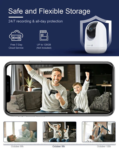 2K Indoor Security Camera With Pet And Baby Monitor All Day All Night Home Surveillance Pan Tilt 2 Way Talk Motion Tracking Human Detection Cloud Storage Dual Band WiFi 5GHz And TwoPointFourGHz Phone App Control featuring real-time monitoring on smartphone screen.