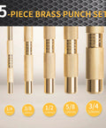 Front view of 5-piece brass punch set with knurled handles in sizes 1/4, 3/8, 1/2, 5/8, 3/4 in