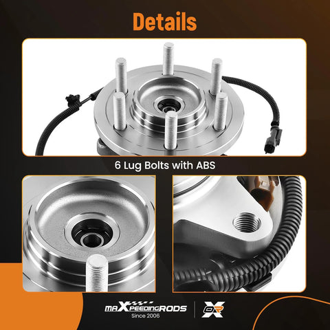 Close-up view of a 2 Pack Front Wheel Bearing Hub Assembly For Ford F-150 2015 2016 2017 2.7L 3.5L 5.0L Engines With ABS 6 Lug Fits 4WD Models Replacement BR931007 Durable Hub Unit For Easy Install And Smooth Ride showing 6 lug bolts and ABS sensor cable.