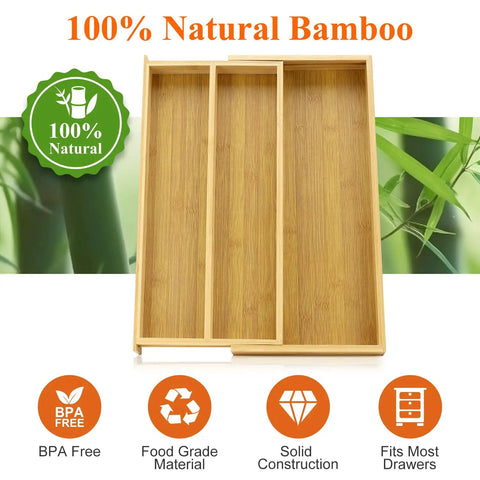 Expandable Bamboo Silverware Drawer Organizer Tray for Kitchen Utensils and Cutlery Wooden Flatware Holder front view