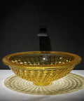 USZWBY Bathroom Vessel Sink Vanity Tempered Glass Vessel Bowl Sink Round Luxury Countertop Sink Bowl Above Counter Sink with golden design.