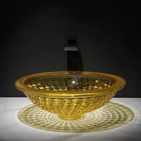 USZWBY Bathroom Vessel Sink Vanity Tempered Glass Vessel Bowl Sink Round Luxury Countertop Sink Bowl Above Counter Sink with golden design.
