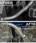 Comparison of rubber hose and 24 Inch Stainless Steel Radiator Flexible Coolant Water Hose Kit With Cap Clamp In Silver For Cars Universal Fit Heavy Duty Beefed Up Cooling Upgrade Performance installed in engine.