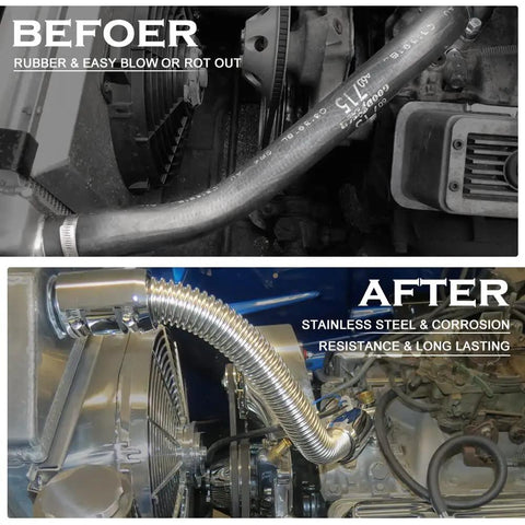 Comparison of rubber hose and 24 Inch Stainless Steel Radiator Flexible Coolant Water Hose Kit With Cap Clamp In Silver For Cars Universal Fit Heavy Duty Beefed Up Cooling Upgrade Performance installed in engine.