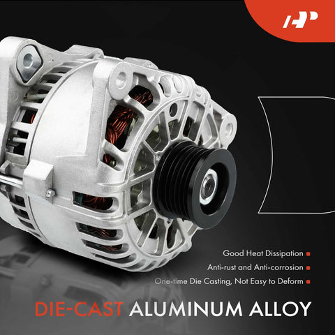 Close-up of 110 Amp 12 Volt Clockwise Rotation Alternator With 6 Groove Pulley for Ford Focus, showing aluminum alloy body