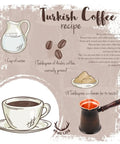 Illustrated Turkish coffee recipe with images of water, coffee beans, cardamom, a cup of coffee, and an Antique Copper Turkish Greek Arabic Coffee Pot With Wooden Handle Cezve Ibrik Briki Stovetop Coffee Maker Large For Rich Flavor And Even Heating Old School Turkish Coffee Pot For Home Barista.