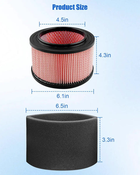 Product sizes for 2 Pack Fine Dust Cartridge Filter For VF408, VF410P, Beast VFB511B 0201, And Cleva Industrial VF408B Replacement.