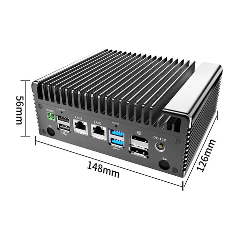 Heavy Duty Intel Core I5 8250U Mini Pc With Dual Gigabit Ethernet Ports For Seamless Opnsense Router And Esxi Virtualization Smooth Operator Home Office Server back view with dimensions, ports, and cooling fins