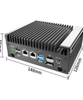 Intel Core I5 8250U Industrial Mini PC Dual Gigabit Ethernet Micro Router Barebone System rear view with dimensions