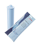 Image of Clearyl Claris Water Care Cartridge Bundle For Jura Coffee Makers Two Filters Included Reduces Water Hardness Up To Seventy Five Percent Removes Chlorine Lead Copper Aluminum And Keeps Your Brew Tasting Fresh showing a blue filter cartridge and packaging.