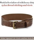 3 Inch Wide Tapered Full Grain Leather Work Belt For Men, Built Tough With Heavy Duty Stitching In Dark Tan, shown coiled flat
