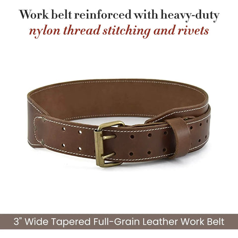 3 Inch Wide Tapered Full Grain Leather Work Belt For Men, Built Tough With Heavy Duty Stitching In Dark Tan, shown coiled flat