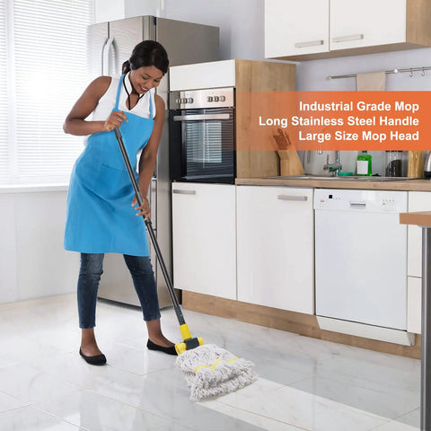 Heavy Duty Commercial Wet Mop With Long 60 Inch Stainless Steel Handle, Looped End Cotton Mop Heads For Floor Cleaning in Kitchen