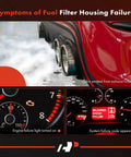 Symptoms of fuel filter housing failure showing exhaust odor, engine failure light, and system failure code on dashboard.