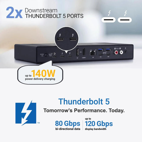 Thunderbolt 5 Dock With M.2 NVMe SSD Expansion And 10Gb Ethernet For Mac And Windows Creators, featuring two Thunderbolt 5 ports.