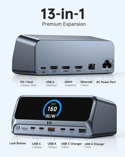All In One 13-In-1 Laptop Docking Station Plug And Play Ready With 2.26 Inch LCD Display, 160W Max Output