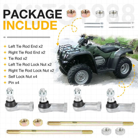 Left And Right Tie Rod End Kits For TRX350 Rancher 350 And TRX400 Rancher 400 OEM Style Replacement Direct Fit Steering Ends Beefy Build For Easy Install Includes Both Sides For Precise Alignment. Package includes ATV tie rod ends, nuts, pins, and rods.